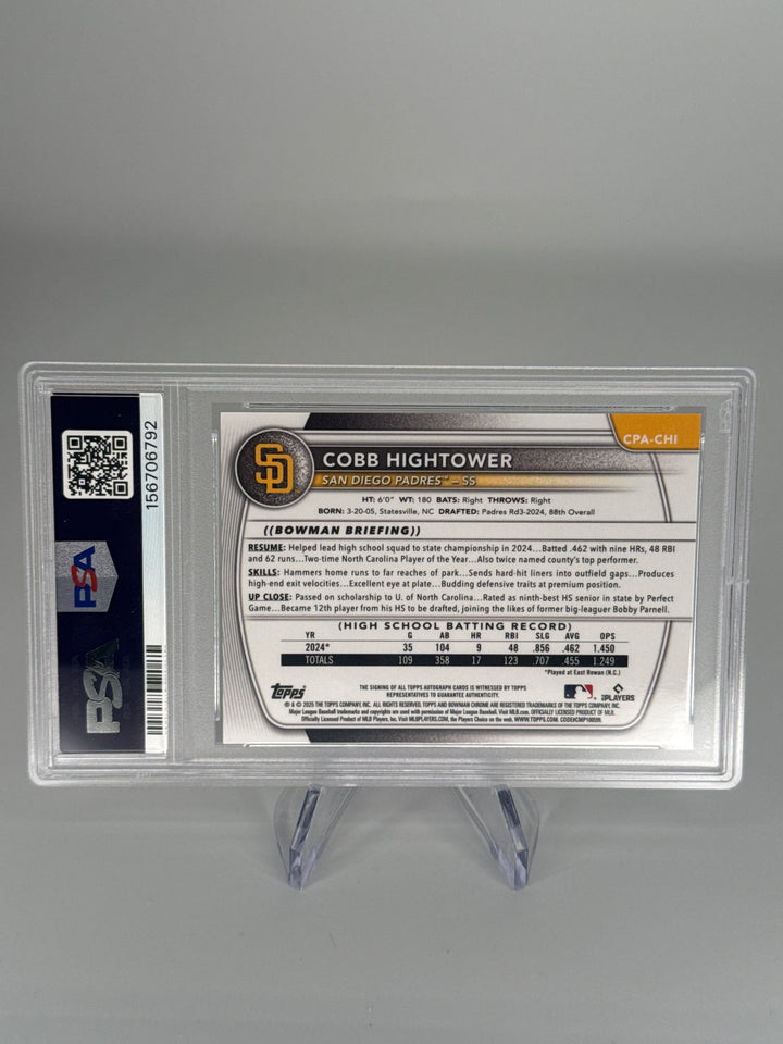 Cobb Hightower 2025 Bowman Chrome Gold Shimmer Refractor 1st Auto, 40/50, PSA 9 Mint, PSA 10 Auto