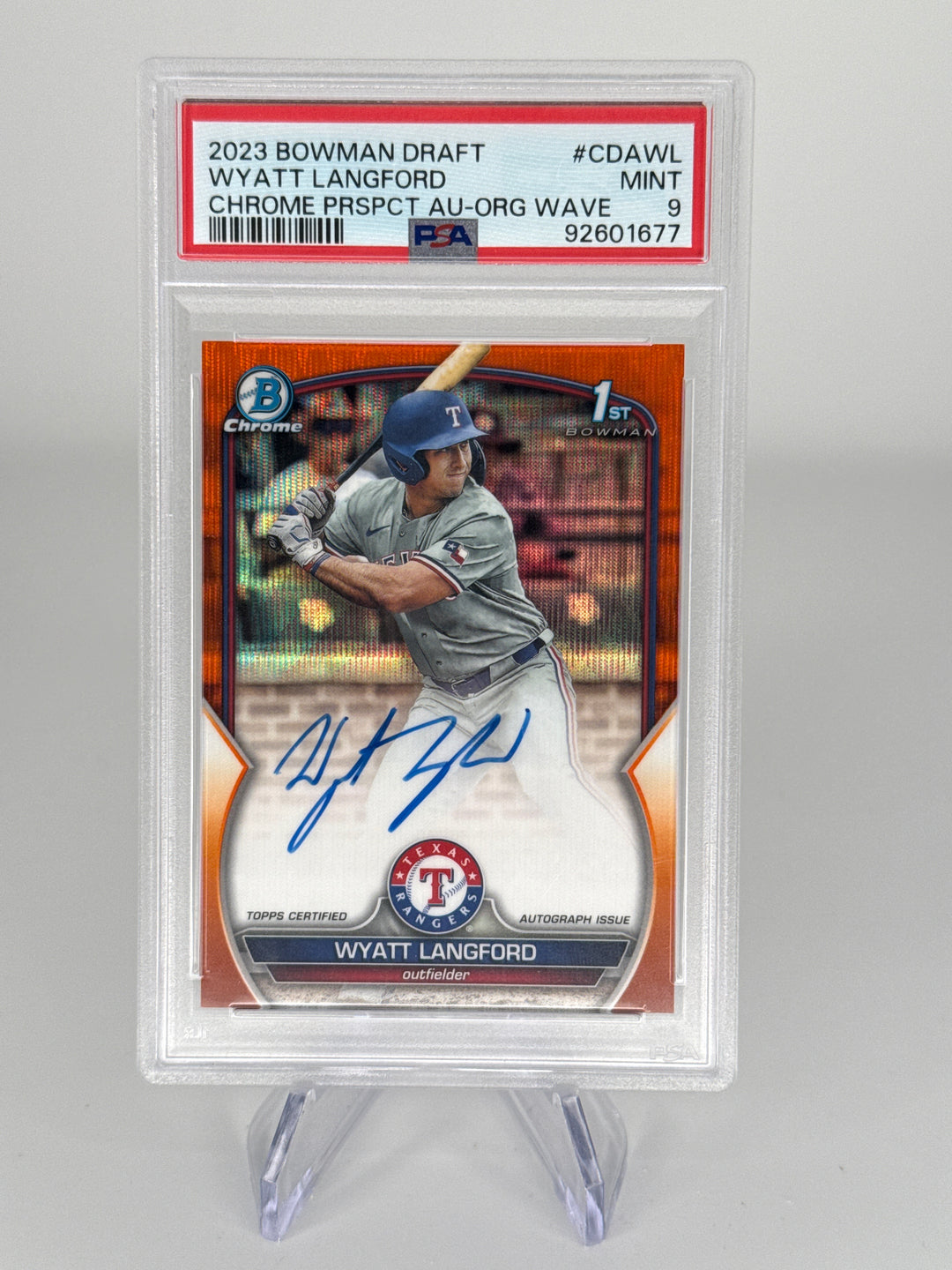 Wyatt Langford 2023 Bowman Draft Chrome Prospect Orange Wave 1st Auto, 16/25