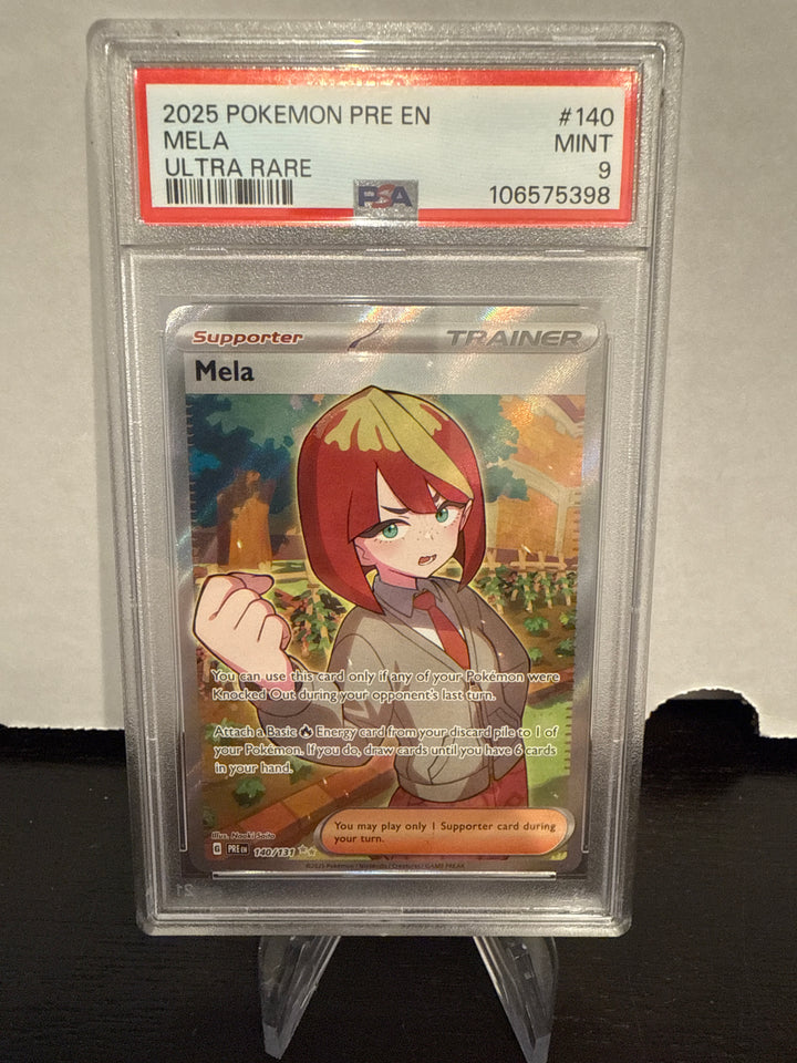 Pokemon TCG 2025 Mela Prismatic Evolutions Ultra Rare Trainer, 140/131, PSA 9 Mint