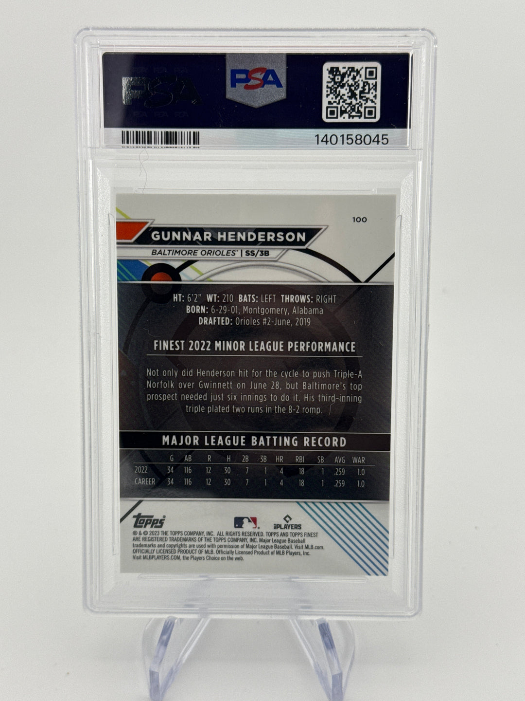 Gunnar Henderson 2023 Topps Finest Gold Refractor Rookie, 19/50, PSA 9 Mint
