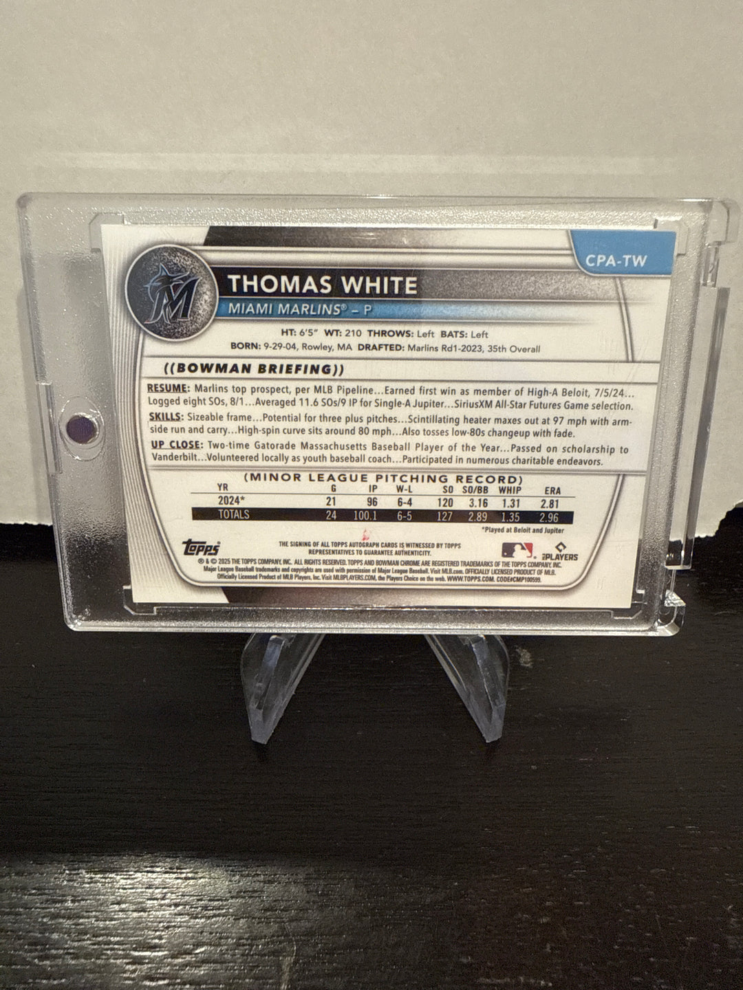 Thomas White 2025 Bowman Chrome Prospect 1st Auto, Mini Diamond Refractor, 026/299