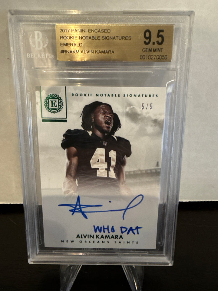 Alvin Kamara 2017 Panini Encased Rookie Notable Signatures Emerald, 5/5, BGS 9.5 Gem Mint