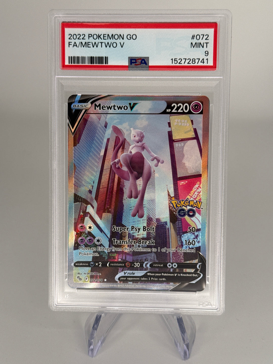 Pokemon TCG 2022 Mewtwo V Pokemon Go Full Art, 072/078, PSA 9 Mint