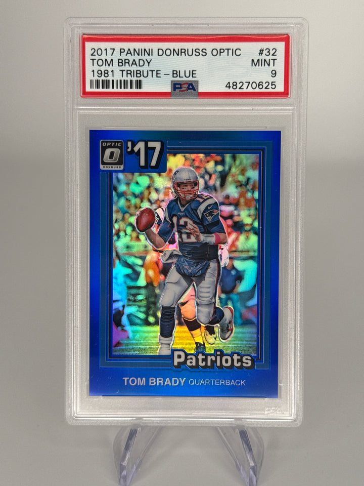 Tom Brady 2017 Panini Donruss Optic 1981 Tribute Blue Prizm, 041/149, PSA 9 Mint