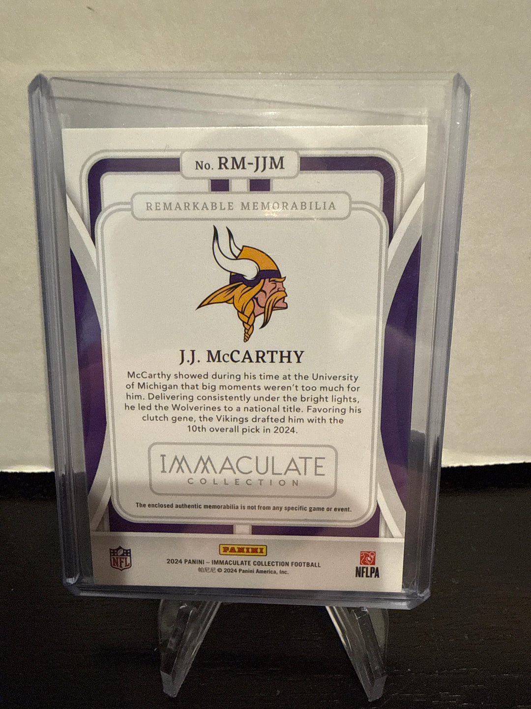 JJ McCarthy 2024 Panini Immaculate Remarkable Memorabilia Rookie, 24/49