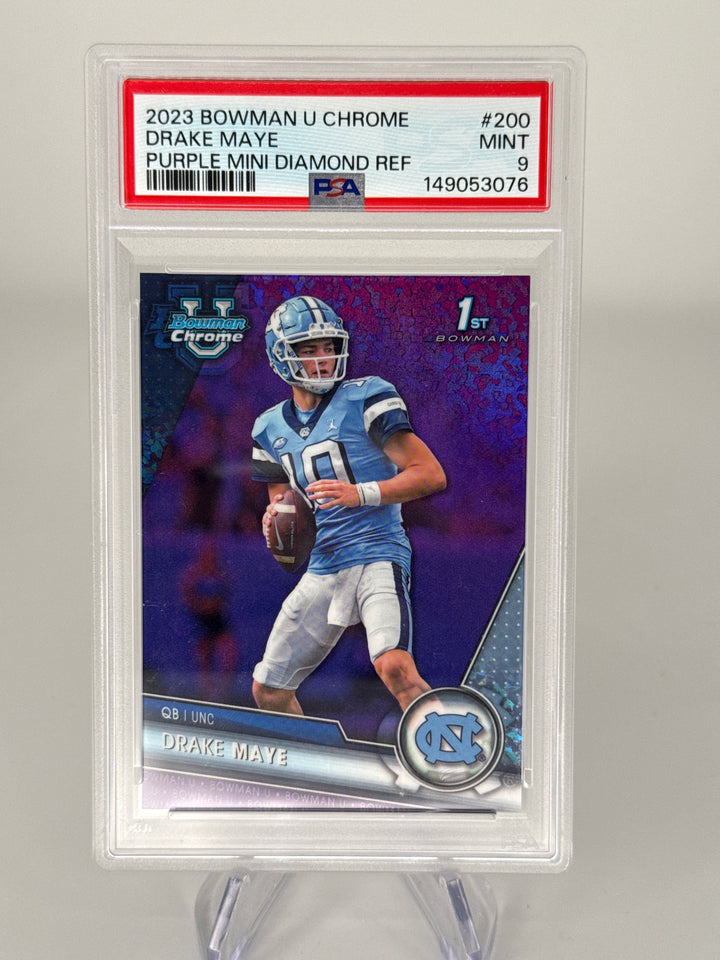 Drake Maye 2023 Bowman Chrome University 1st Purple Mini Diamond Refractor, 306/399, PSA 9 Mint