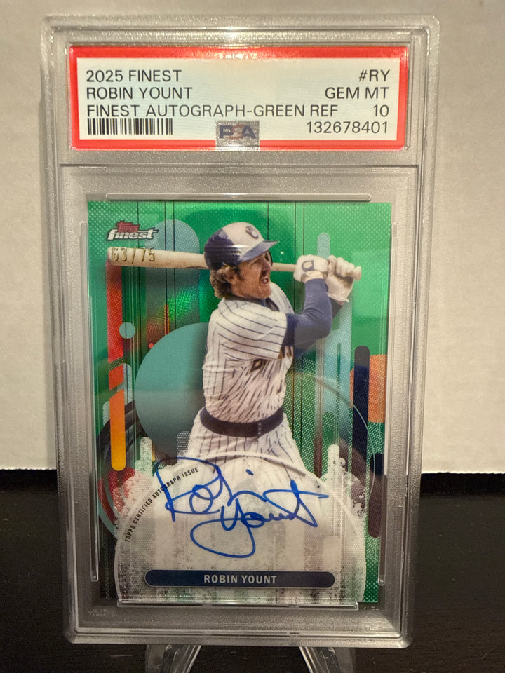 Robin Yount 2025 Topps Finest Green Refractor Auto, 63/75, PSA 10 Gem Mint