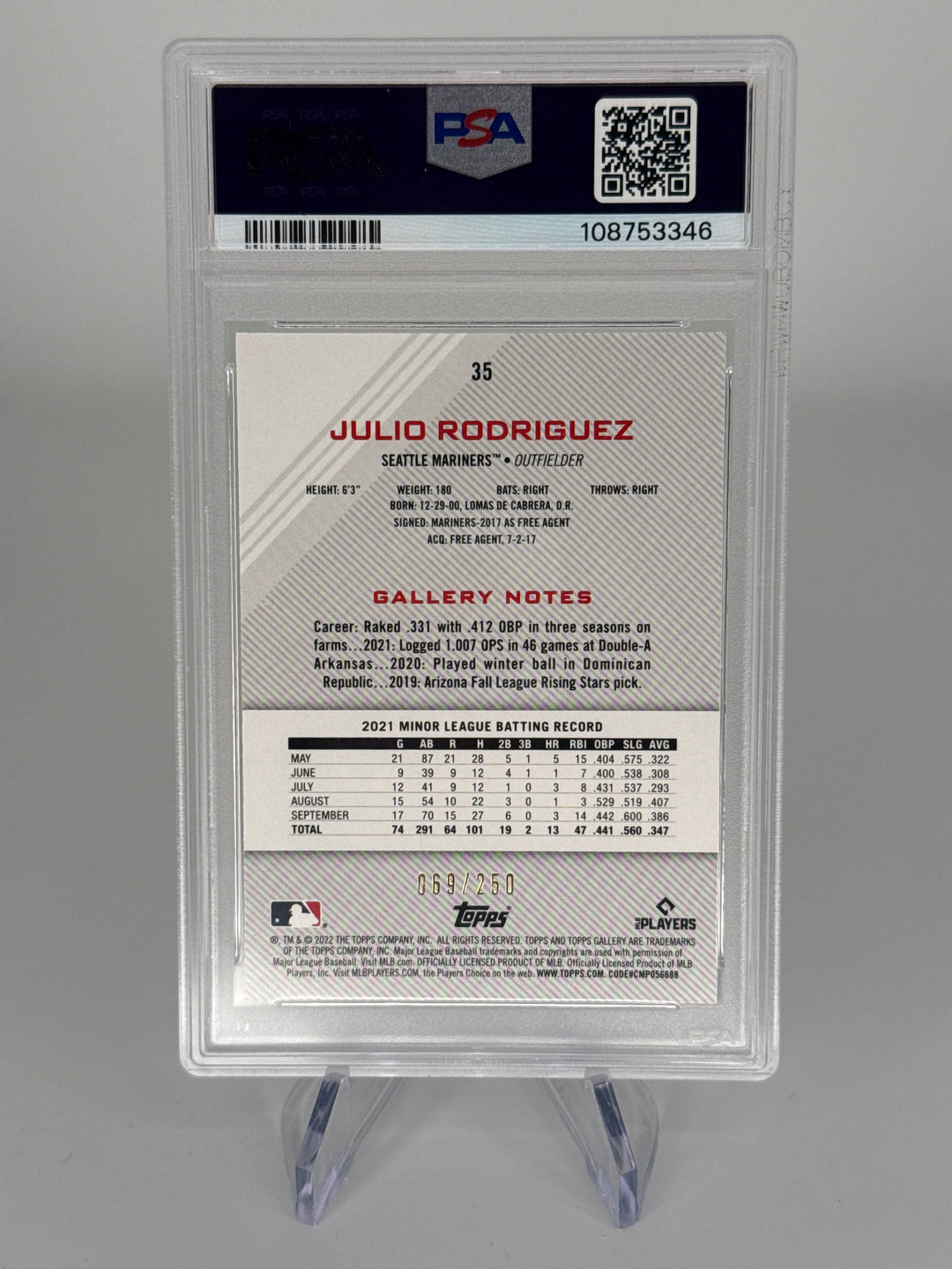 Julio Rodriguez 2022 Topps Gallery Private Issue Rookie, 069/250, PSA 9 Mint