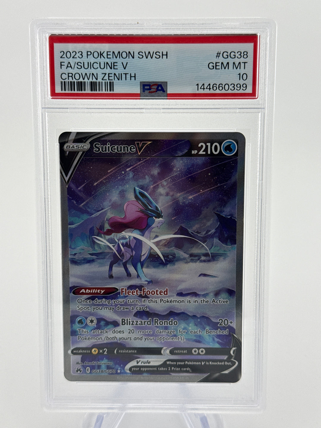 Pokemon TCG 2023 Suicune V Crown Zenith Full Art, GG38/GG70, PSA 10 Gem Mint