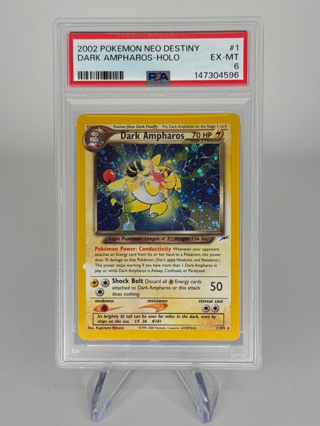 Pokemon TCG 2002 Dark Ampharos Neo Destiny Holo, 1/105, PSA 6