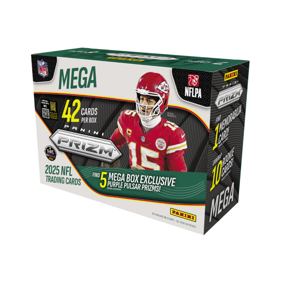 Panini Prizm 2025 NFL trading card box with football player on the front