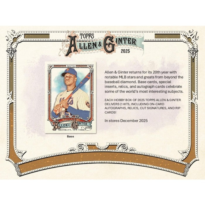 Topps Allen & Ginter 2025 trading card packaging with a baseball player image and promotional text.