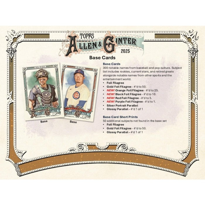 Topps Allen & Ginter 2025 baseball card packaging with two player cards and product details.
