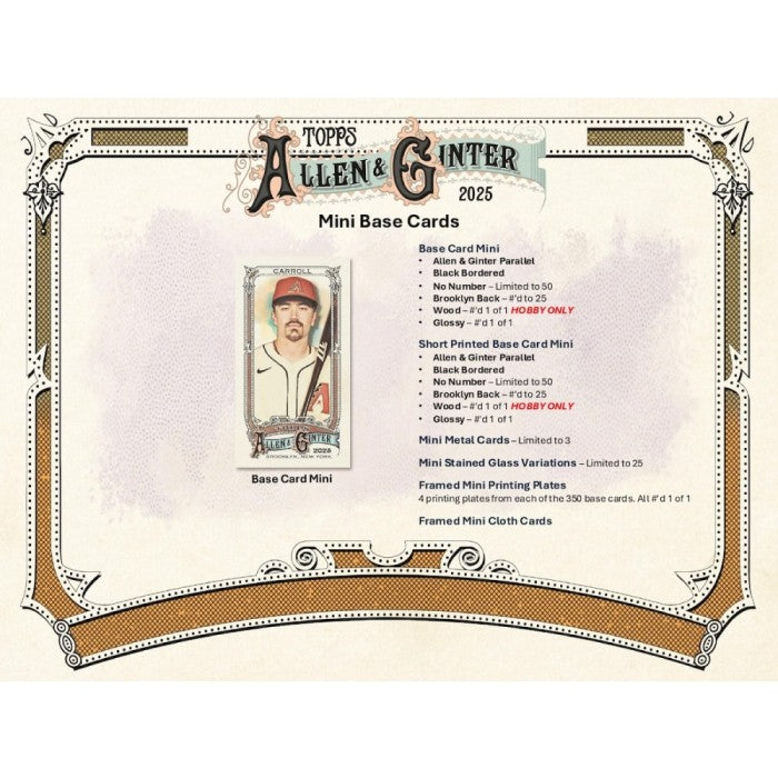 Topps Allen & Ginter 2025 Mini Base Cards packaging with a baseball card illustration on a white background.