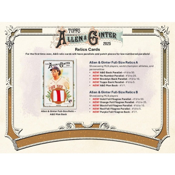 Advertisement for Allen & Ginter reliefs cards featuring a card with a player's image and text about the cards' features.