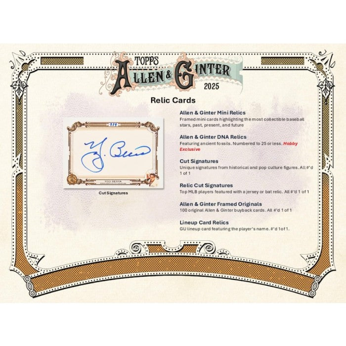 Topps Allen & Ginter 2025 Relic Cards packaging with a signature on a white background
