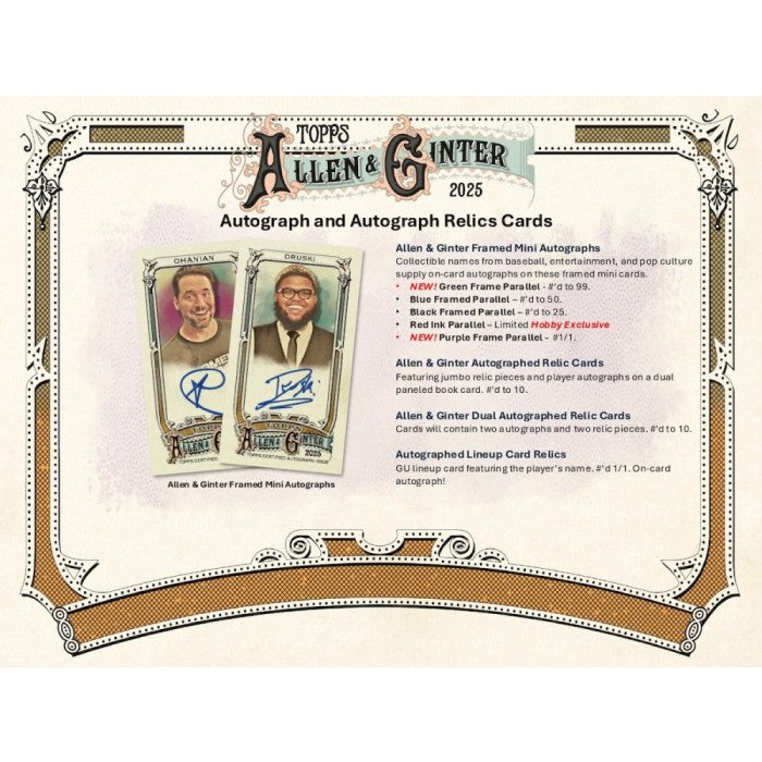 Topps Allen & Ginter 2025 Autograph and Autograph Relics Cards packaging with two card images.