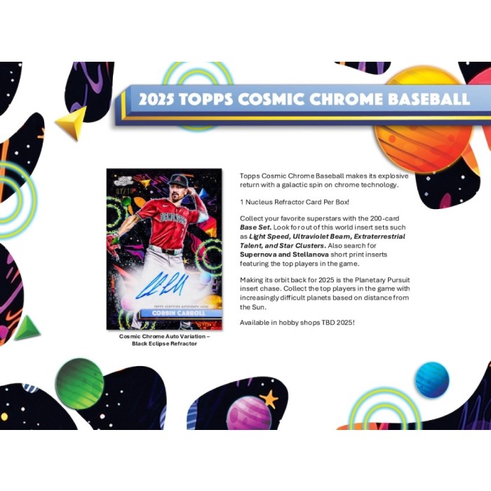 2025 Topps Cosmic Chrome Baseball trading card with player image and text on a colorful background