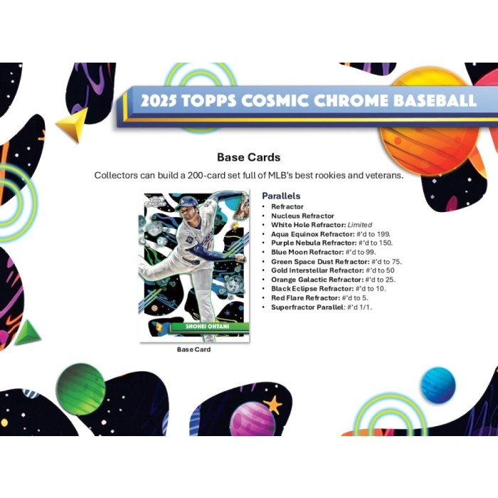 2025 Topps Cosmic Chrome Baseball trading card with player image and text on a colorful background