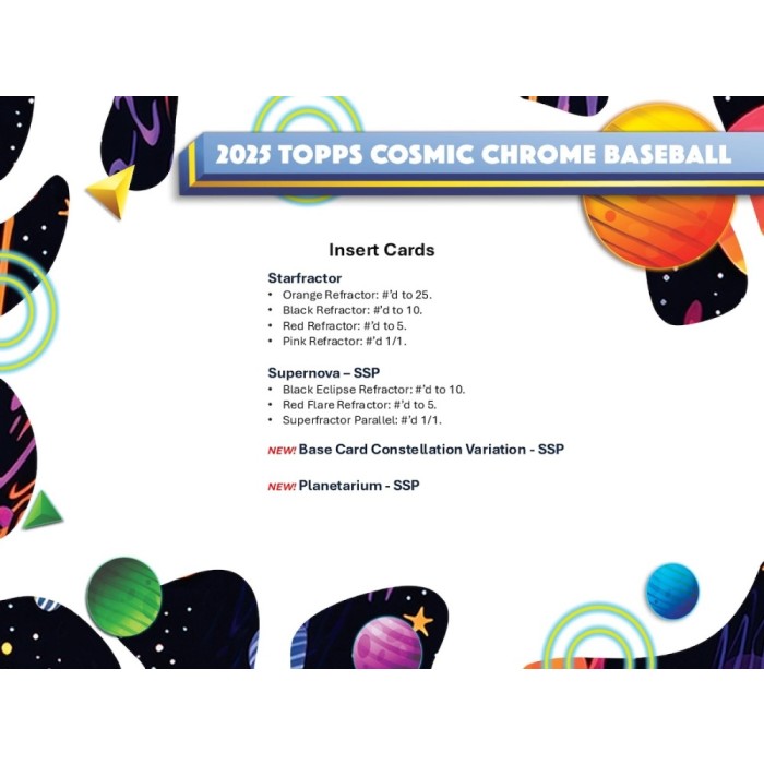 2025 Topps Cosmic Chrome Baseball card insert guide with space-themed design