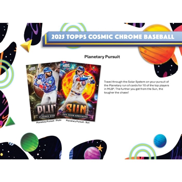 Promotional image for 2025 Topps Cosmic Chrome Baseball cards with space-themed design elements.
