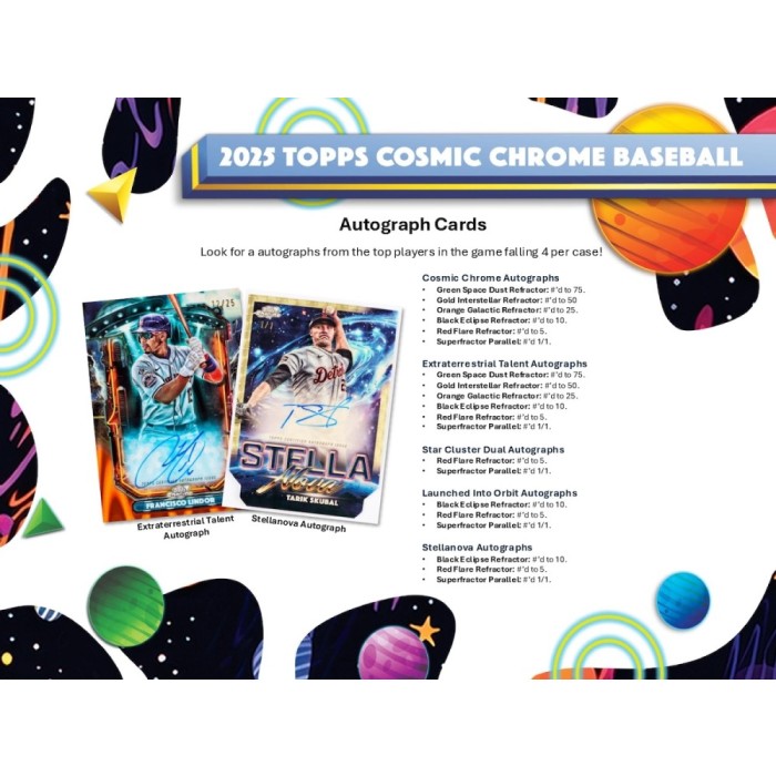 2025 Topps Cosmic Chrome Baseball trading card packaging with player images and promotional text.