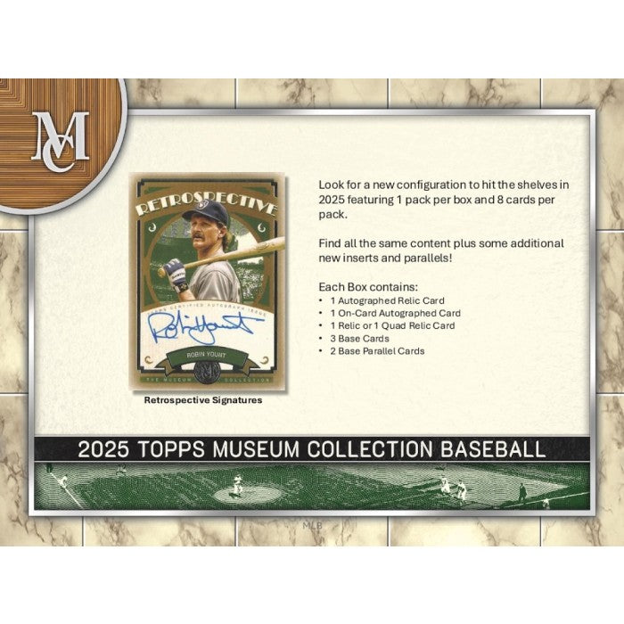 Promotional image of 2025 Topps Museum Collection Baseball card packaging with a baseball player on a card.