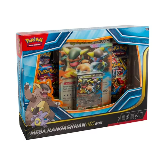 Pokémon trading card game Mega Kangaskhan EX box with cards and figures on a white background
