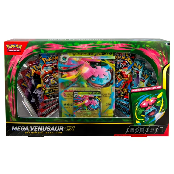 Pokémon Mega Venusaur EX premium collection packaging with colorful graphics and Pokémon logo.