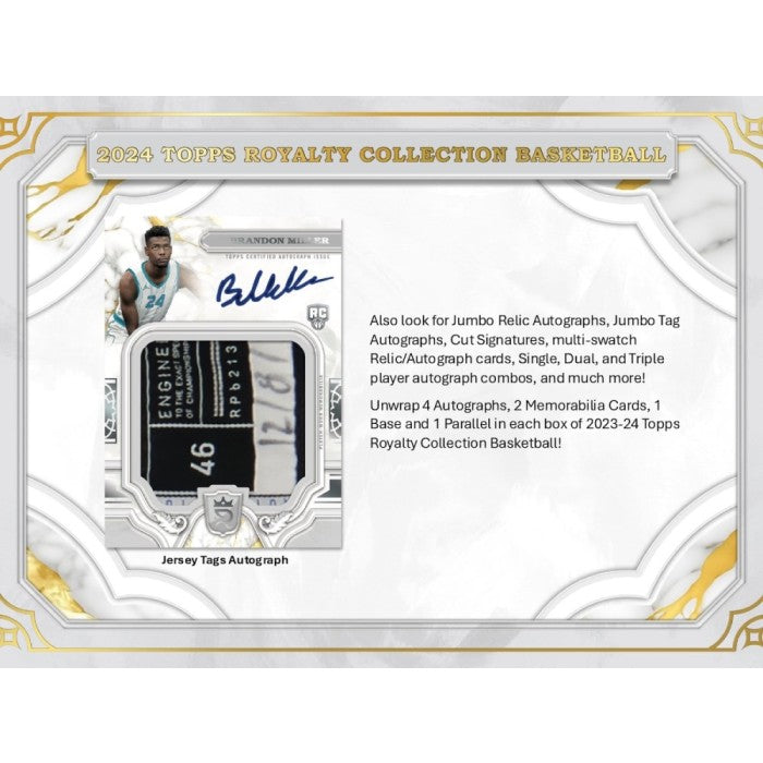 Basketball trading card with player image, signature, and text about the 2023-24 Topps Royalty Collection on a white background.