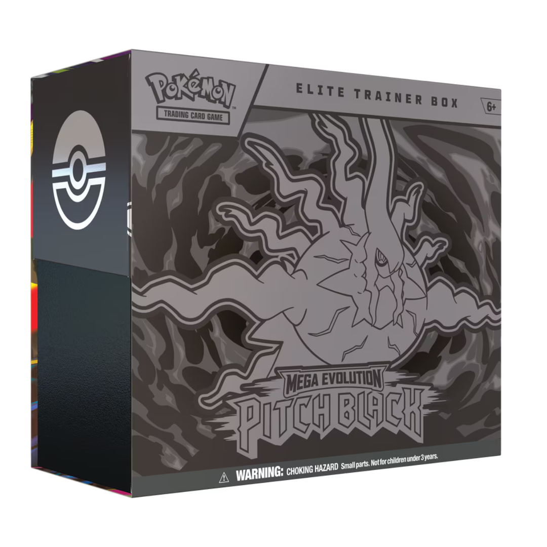 A promotional image of Pokemon TCG Mega Evolution Pitch Black Elite Trainer Box on a white background.