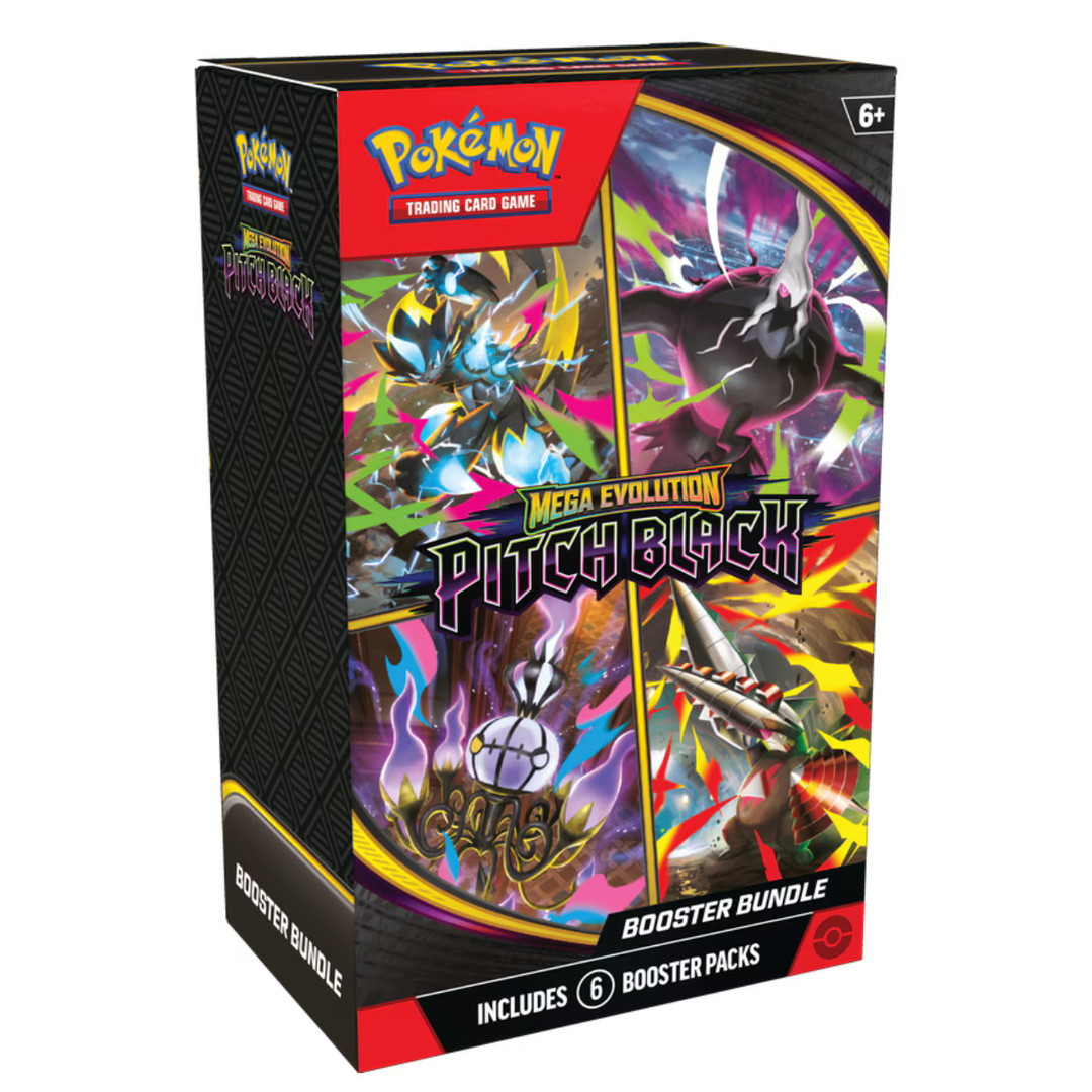 A promotional image of a black box with various character art of Pokemon TCG Mega Evolution Pitch Black Booster Bundle on a white background.