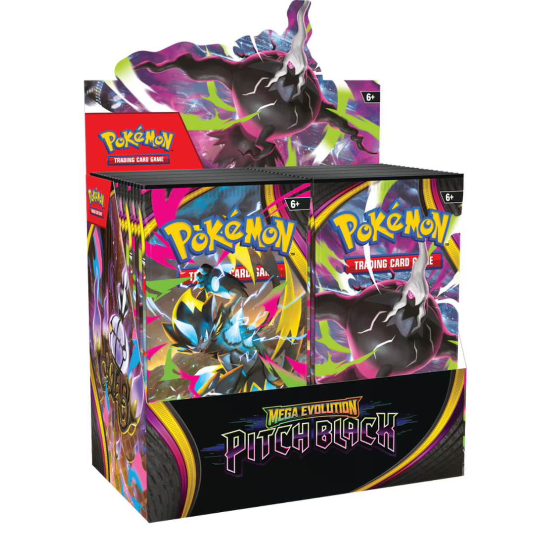 A promotional image of Pokemon TCG Mega Evolution Pitch Black with various characters on a white background.