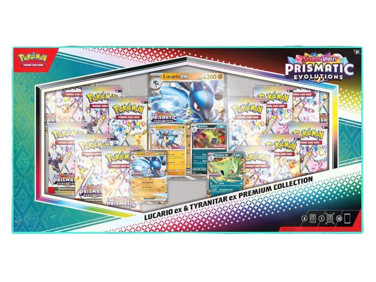 Pokémon Prismatic Evolutions trading card game box with various cards displayed.