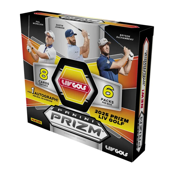 Panini Prizm LIV Golf trading card pack with images of golfers on a white background