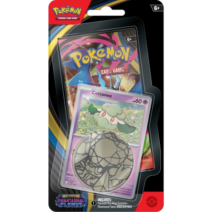 Pokémon trading card game packaging with Cottonee card and Pokémon logo.