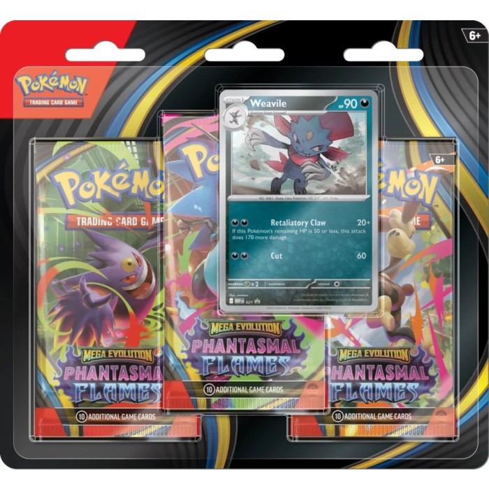 Pokémon trading card game pack with Weavile card and Phantasmal Flames cards.