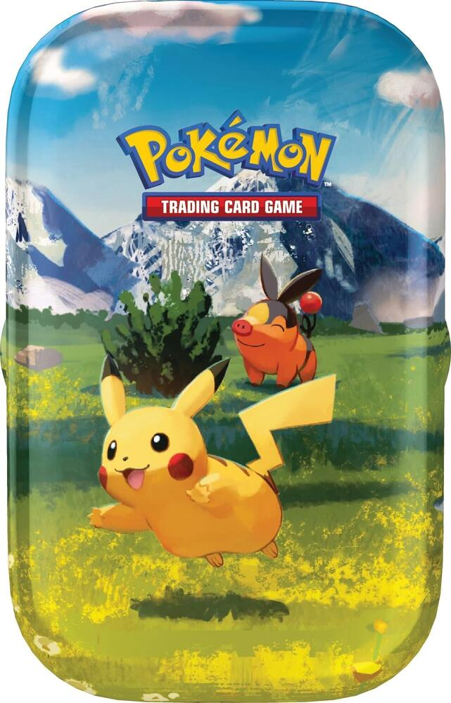 Pokémon trading card game packaging with Pikachu and another character on a scenic background