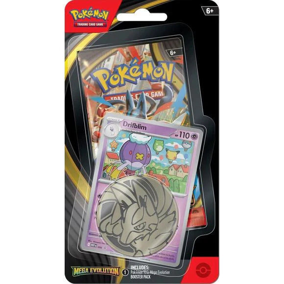 Pokémon trading card game packaging with a card featuring Driblém on a white background