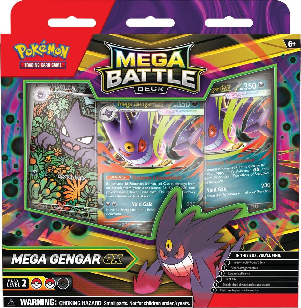 Pokémon Mega Battle Deck packaging featuring Mega Gengar EX with colorful design and branding.
