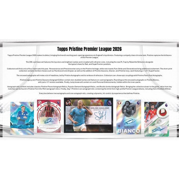 Topps Pristine Premier League 2026 autograph sticker pack packaging with a white background, featuring a large block of product description text and a row of five illustrated football player autograph cards along the bottom.