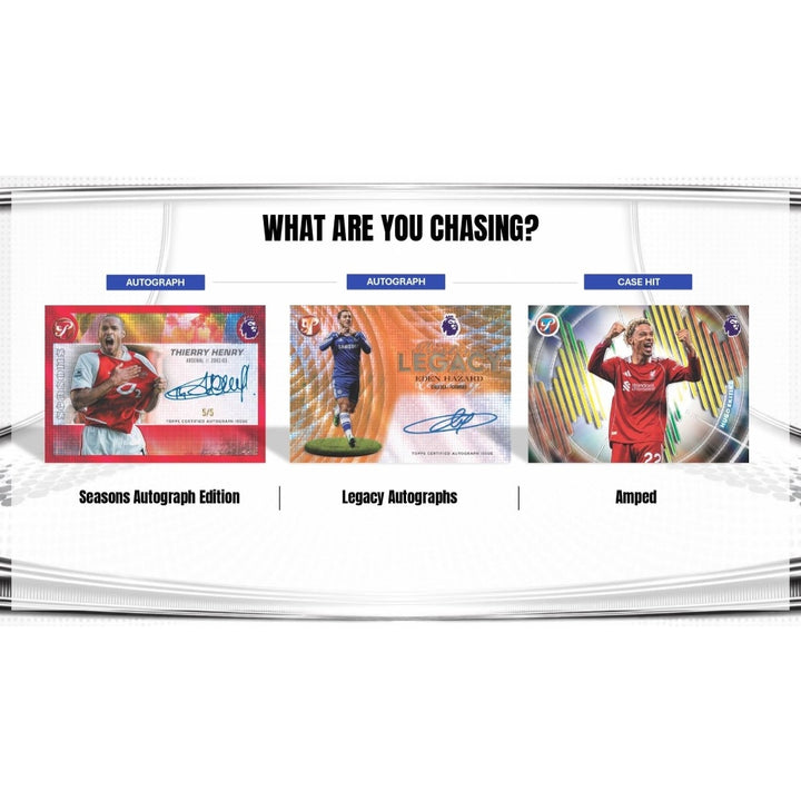 A promotional graphic with the heading 'WHAT ARE YOU CHASING?' showing three football trading card editions: 'Seasons Autograph Edition,' 'Legacy Autographs,' and 'Amped,' each with a player card and a signature above it.
