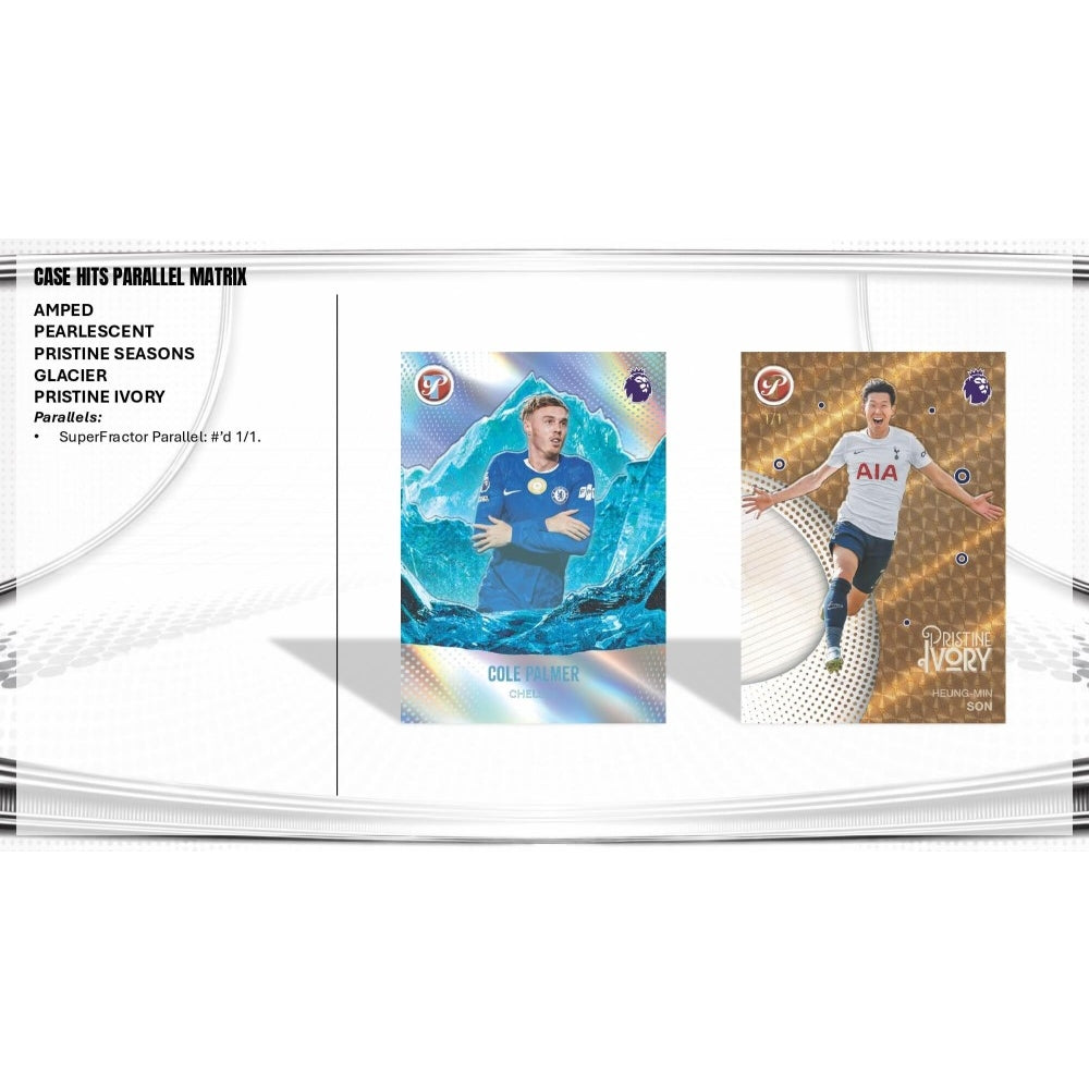 A clear acrylic display case containing two soccer trading cards, shown against a white background with product text on the left.