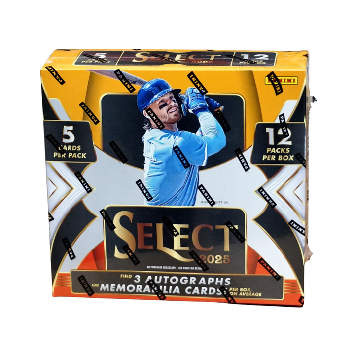 Image shows a 2025 Select Baseball Hobby box with collectible trading cards. The box design features yellow black, white, and red as well as a baseball player swinging a bat. 