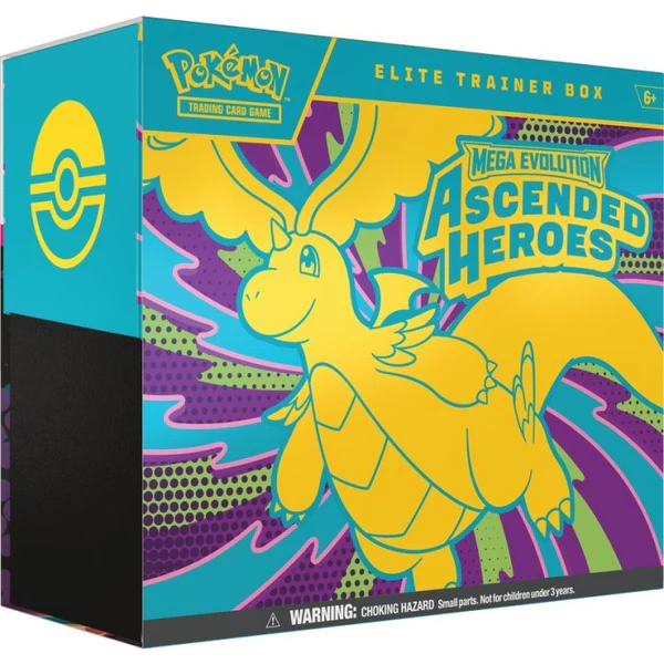 Pokemon TCG Elite Trainer Box Mega Evolutions Ascended Heroes featuring a yellow dragon on a blue and purple background.