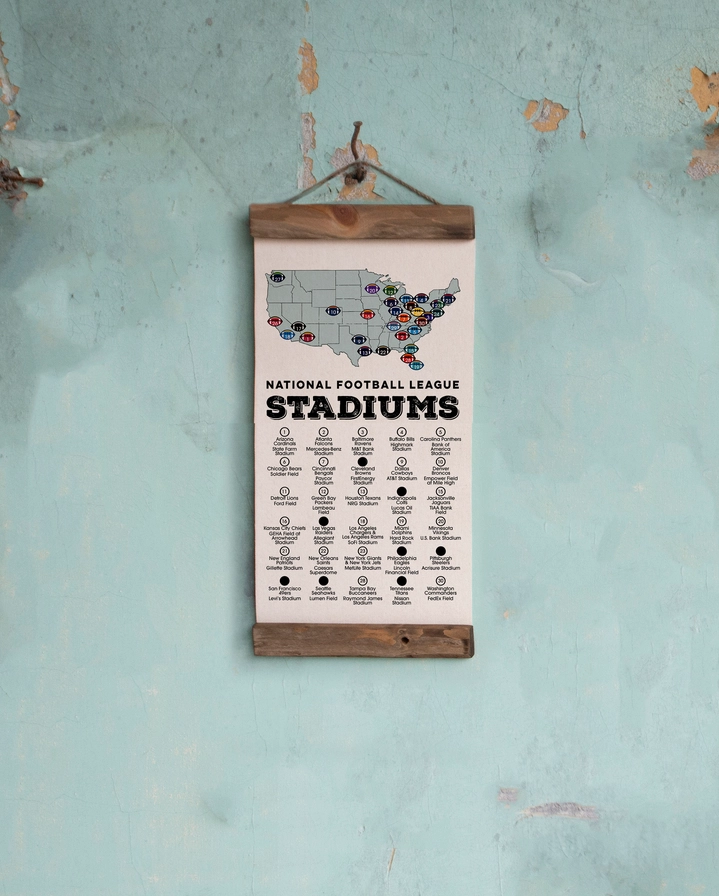 Hanging Wall Decor of NFL stadiums on a wooden frame against a textured blue wall