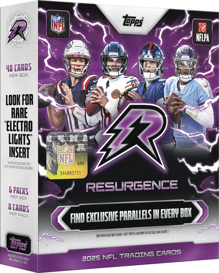 Topps Resurgence 2025 NFL Trading Cards booster box packaging, featuring a purple and black lightning design with football player images and NFL and Topps logos.