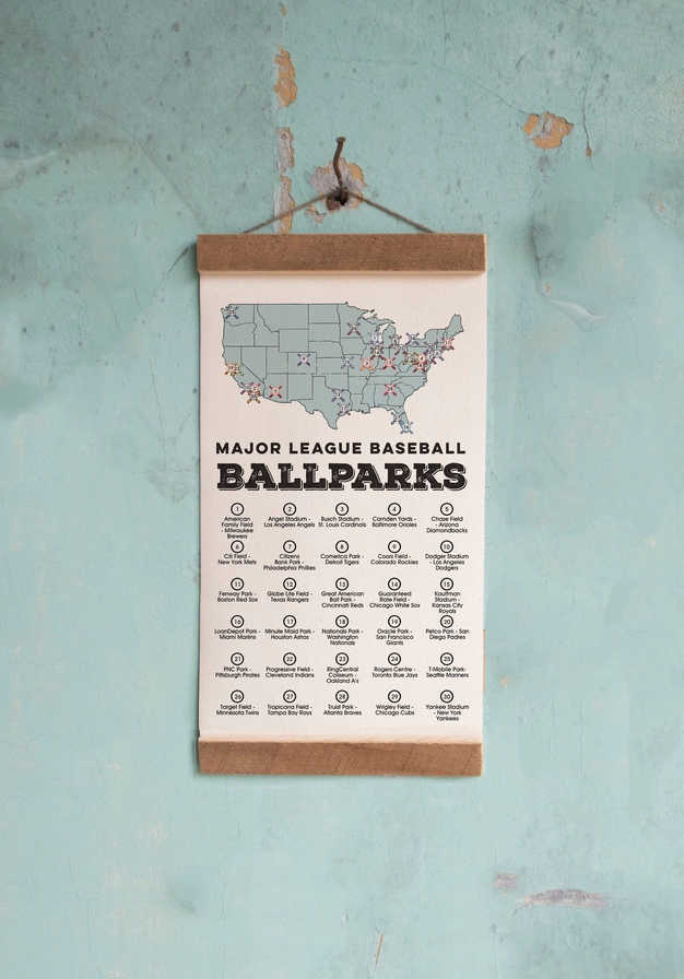 Hanging Wall decor with a map of the United States detailing the locations of all Major League Baseball Stadiums on a blue background
