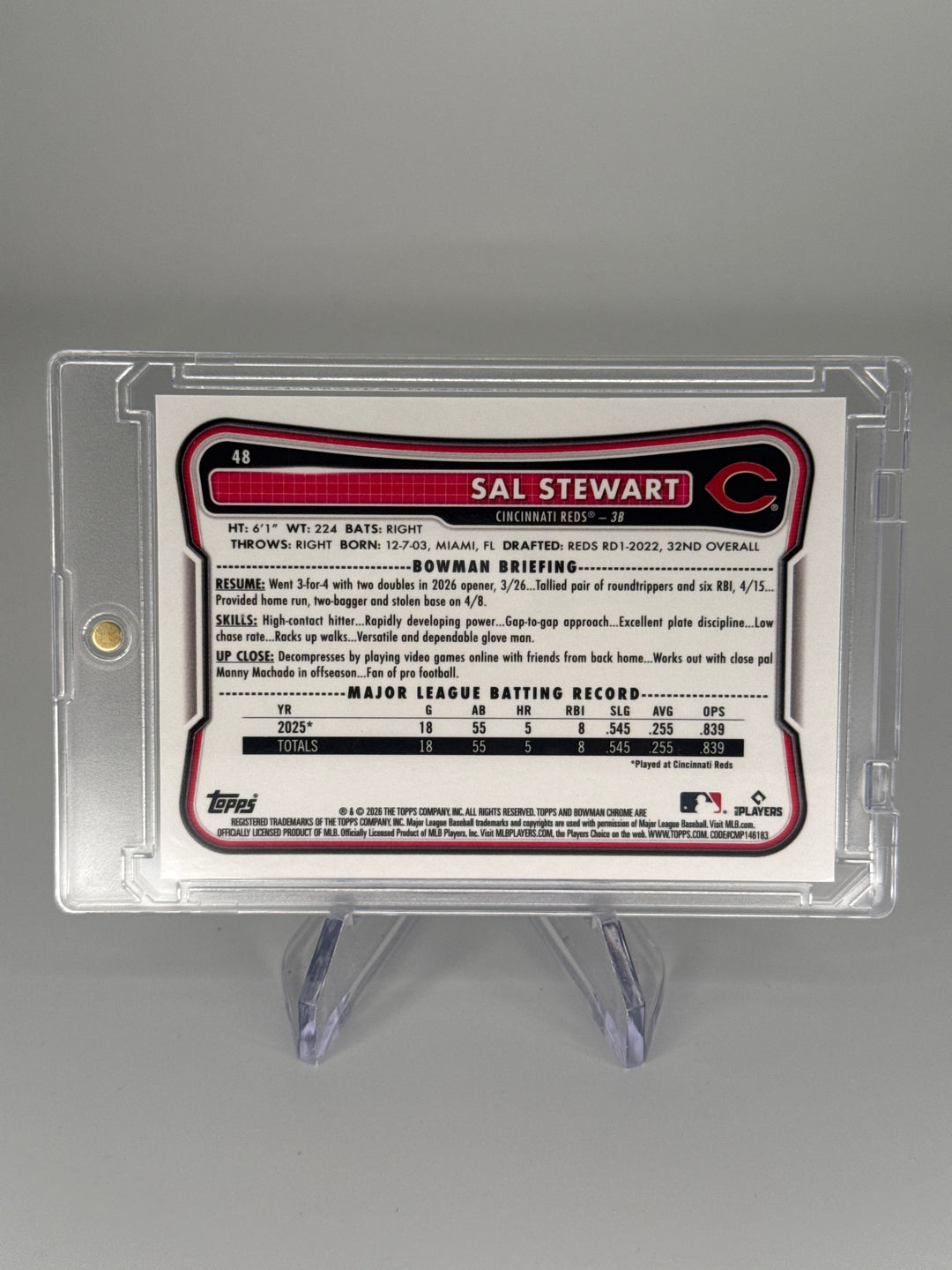 Sal Stewart 2026 Bowman Chrome Steel Metal Rookie Refractor, 096/100