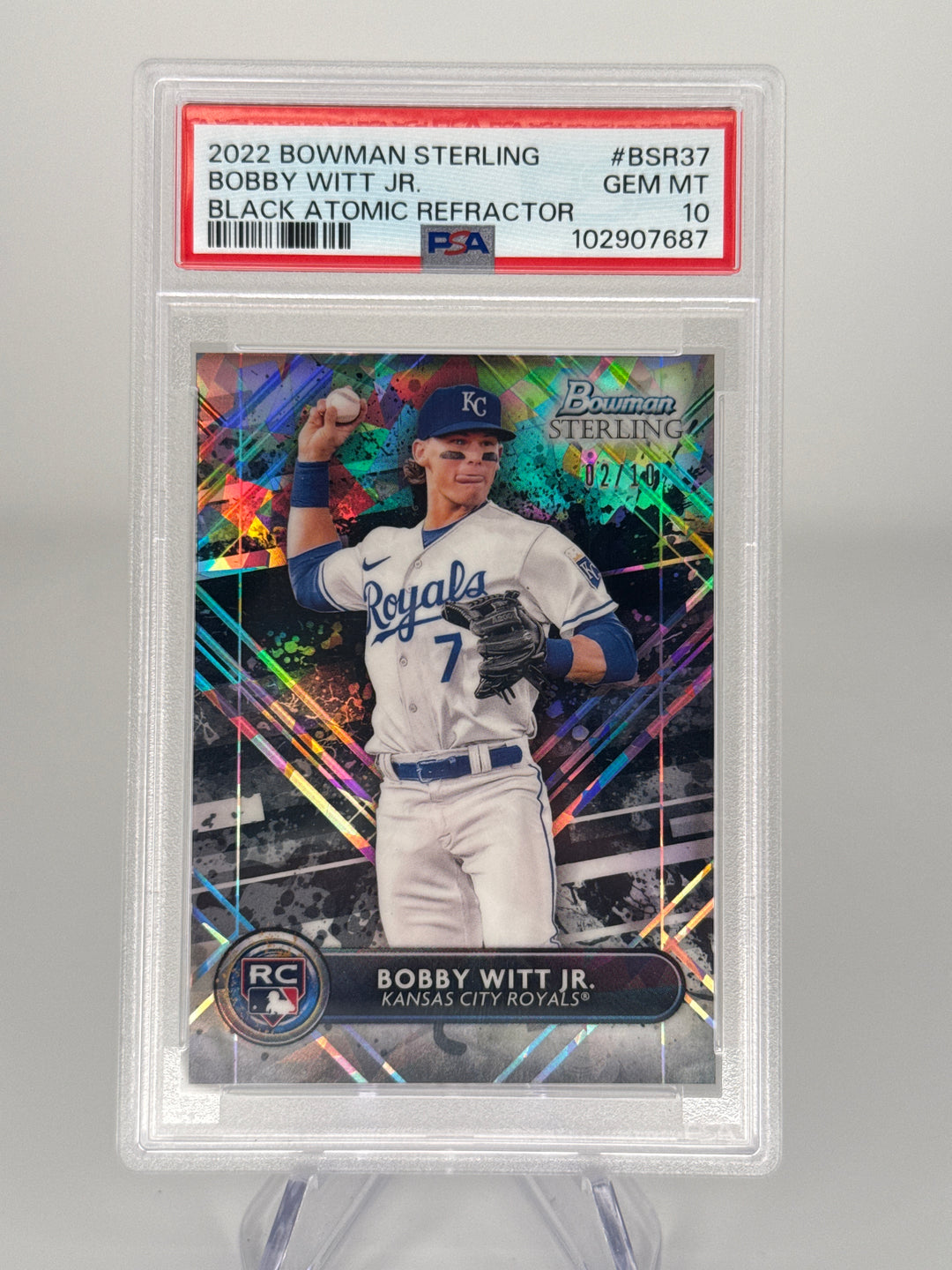 Bobby Witt Jr 2022 Bowman Sterling Black Atomic Refractor Rookie, 02/10, PSA 10 Gem Mint